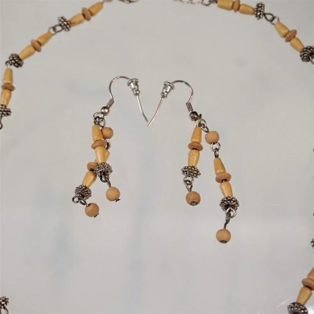 Boho Festival Necklace Earring Set Wood Silver Beads Christina Collection